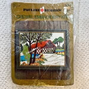 VTG Crewel Embroidery Kit Covered Bridge Pauline Denham 1974 Stamped Design 12x9